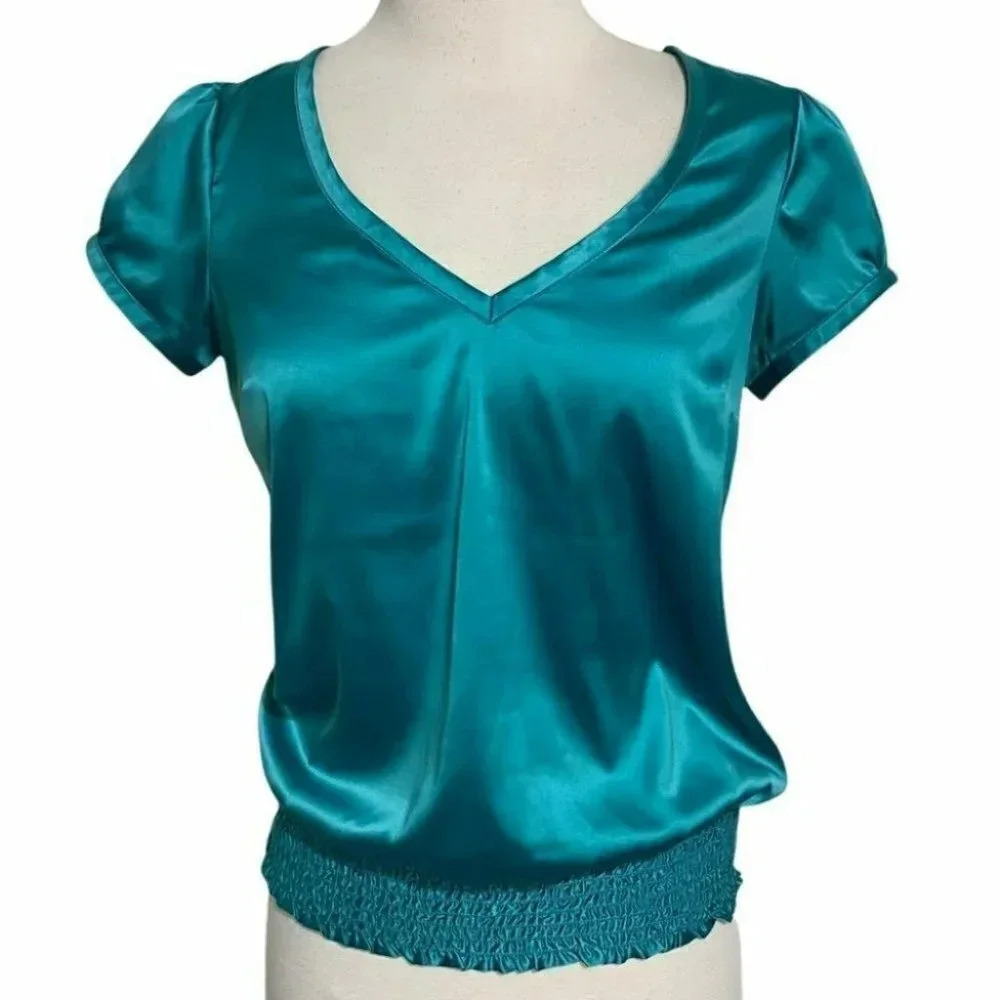 Guess women S green satin cap short sleeve top blouse Elastic‎ Waist Y2K Retro